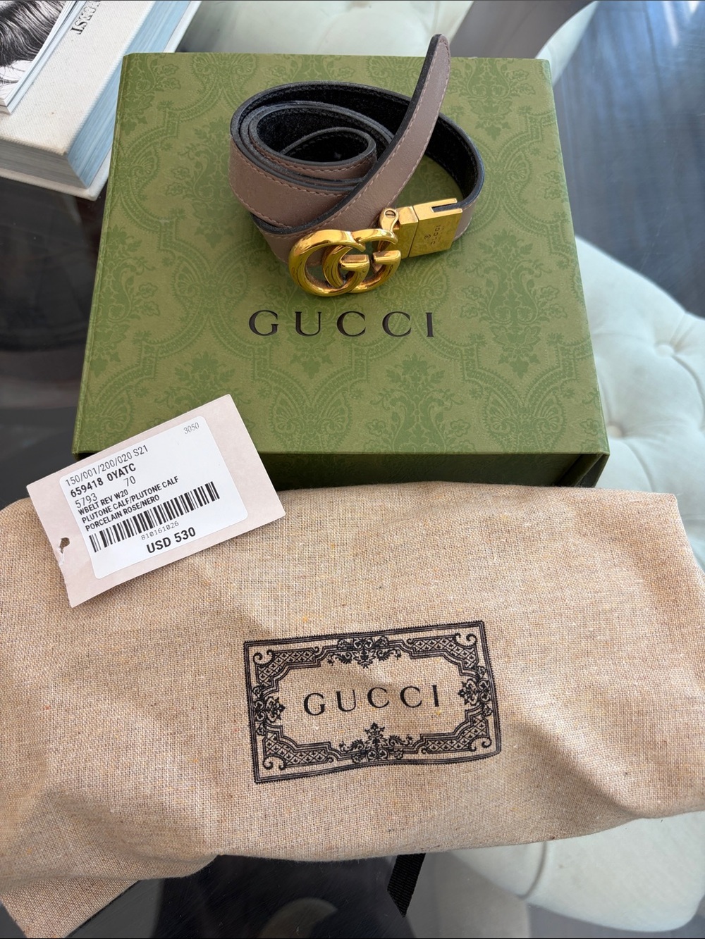 Gucci Taupe/ black double sided Leather Belt with Gold Double G Buckle